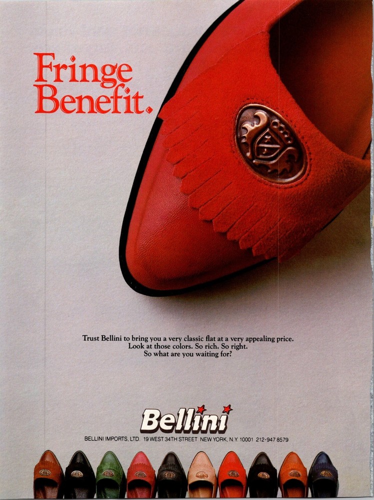 Vintage Print Advertisement Bellini Classic Flat with Fringe Benefits 1987