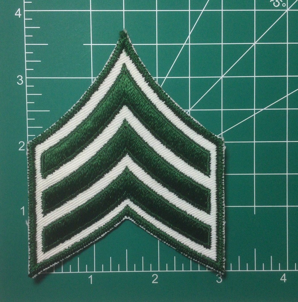(2) Sergeant Chevron - 3 FOREST GREEN Stripes on White Twill Patch -Green Border