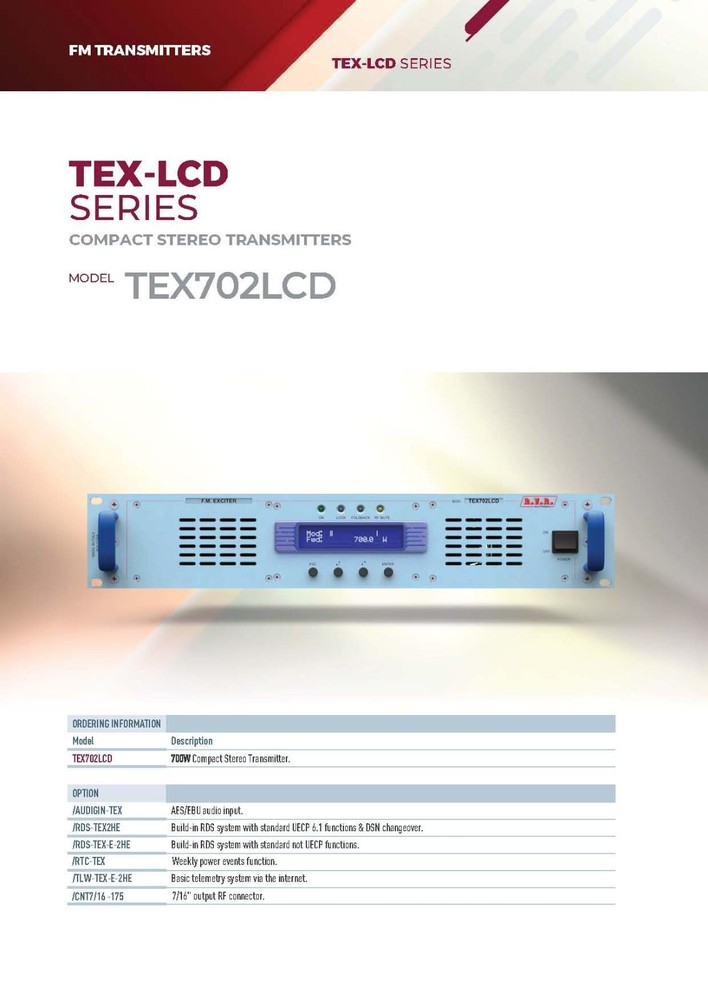 Broadcast RVR TEX 702 LCD 700w FM Transmitter with Encoder Stereo - 88 108 Mhz