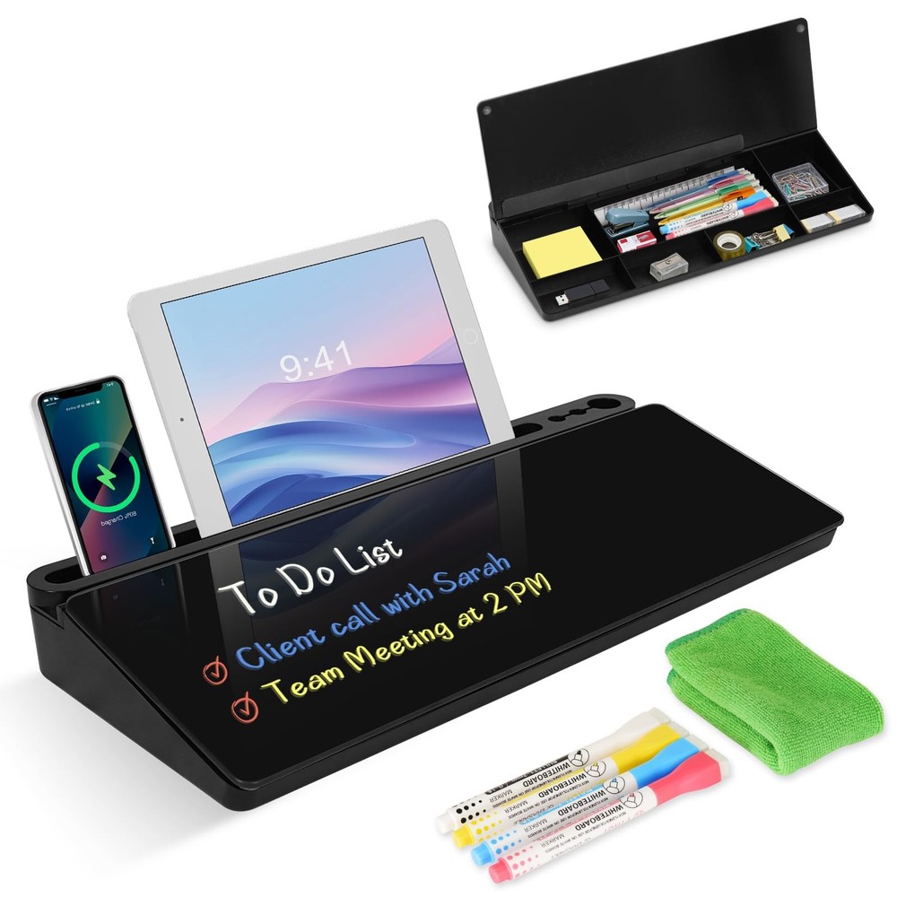 Desktop Glass Whiteboard with Storage, Desk Board with Computer Keyboard Stan...