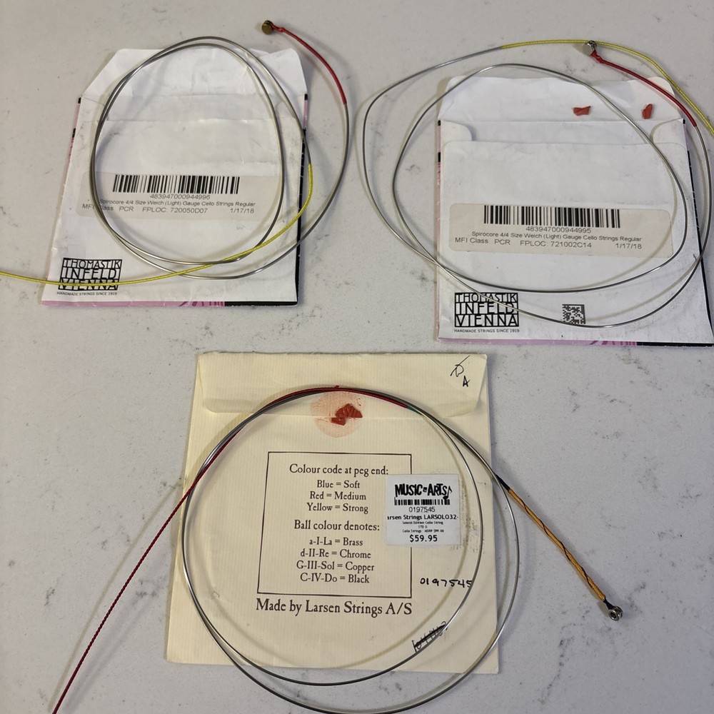 1 Larsen String Violencello II. 2 Spirocore Violoncello Strings Used