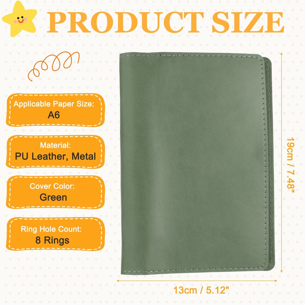 A6 PU Leather Binder Protector, 6 Ring Loose Leaf Notebook Protector, Green