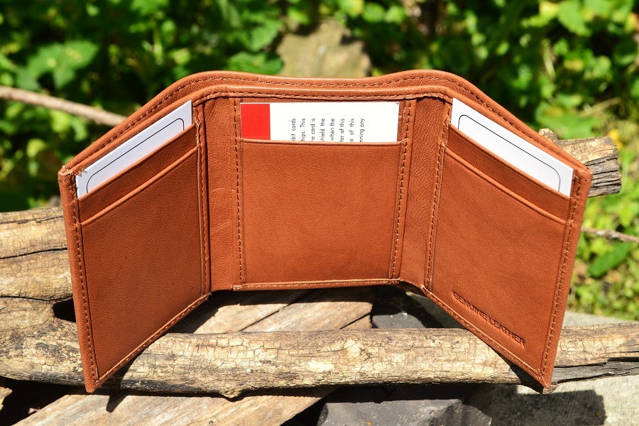 Masonic Tan Leather Tri-Fold Wallet - RFID Protected - Square and Compasses