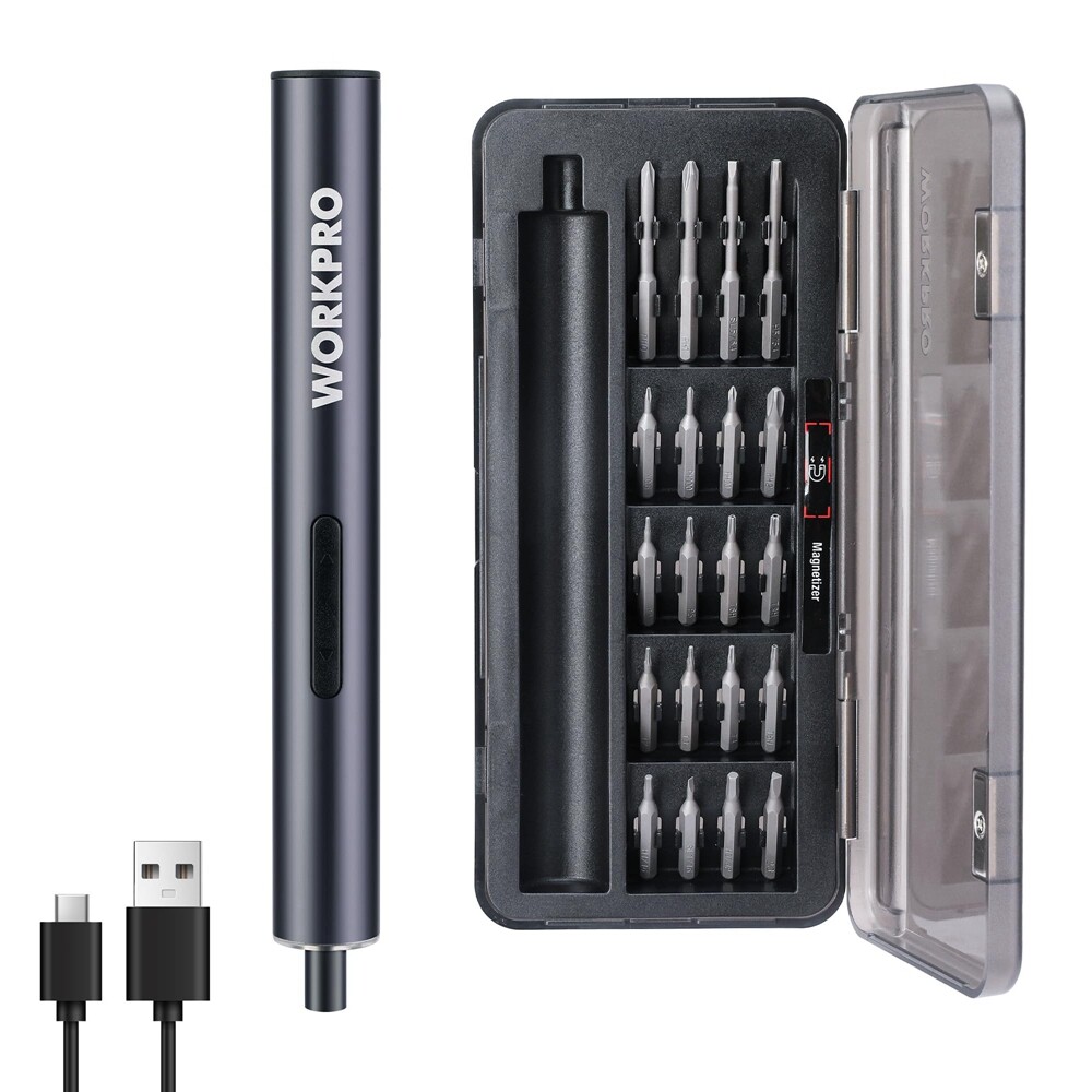 WORKPRO 22PC Mini Precision Electric Screwdriver Set S2 Steel Bit LED Work Light