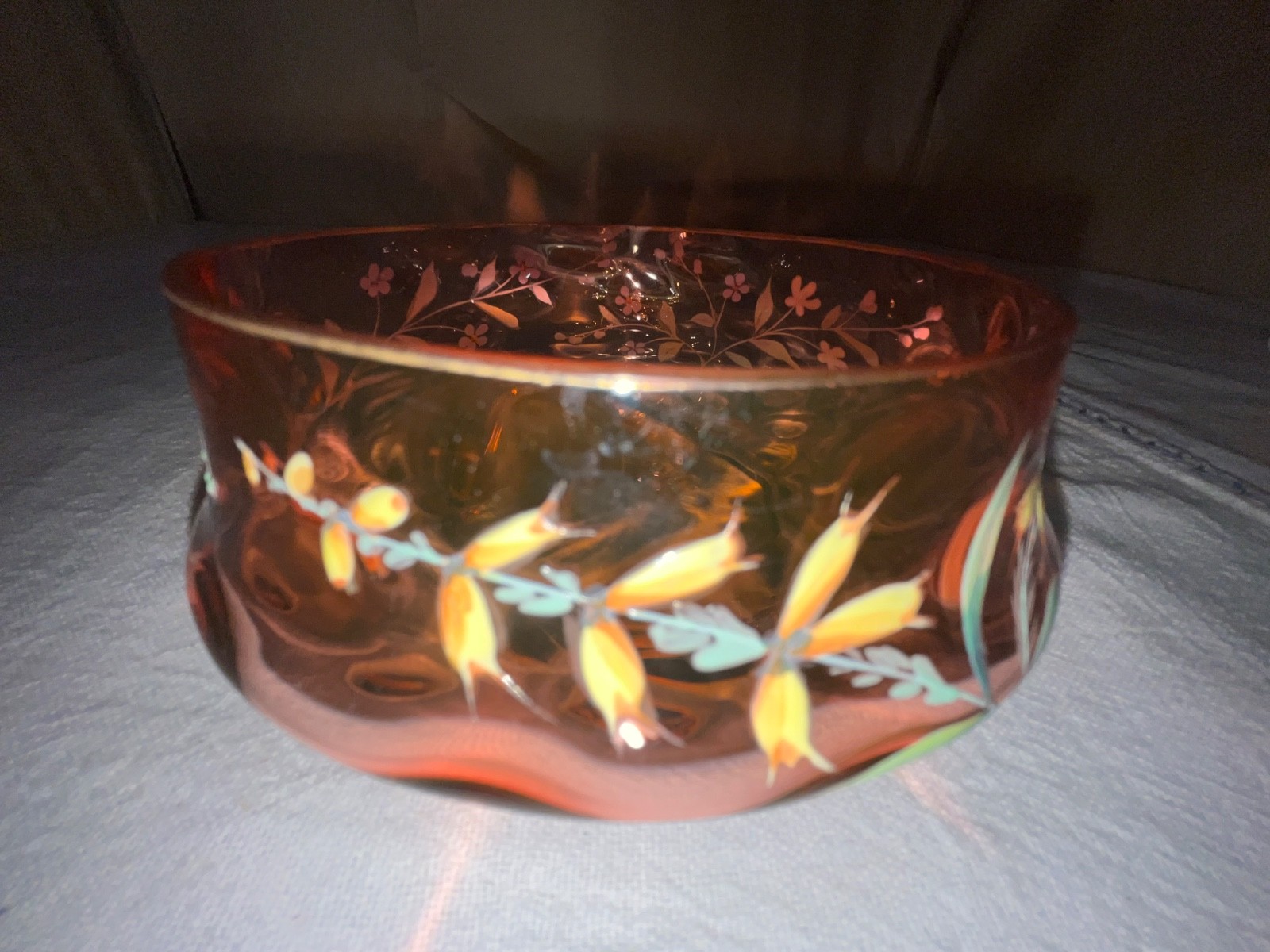 Victorian Enameled Amberina Low Bowl-Floral Sprigs-Victorian-Late 1800’s
