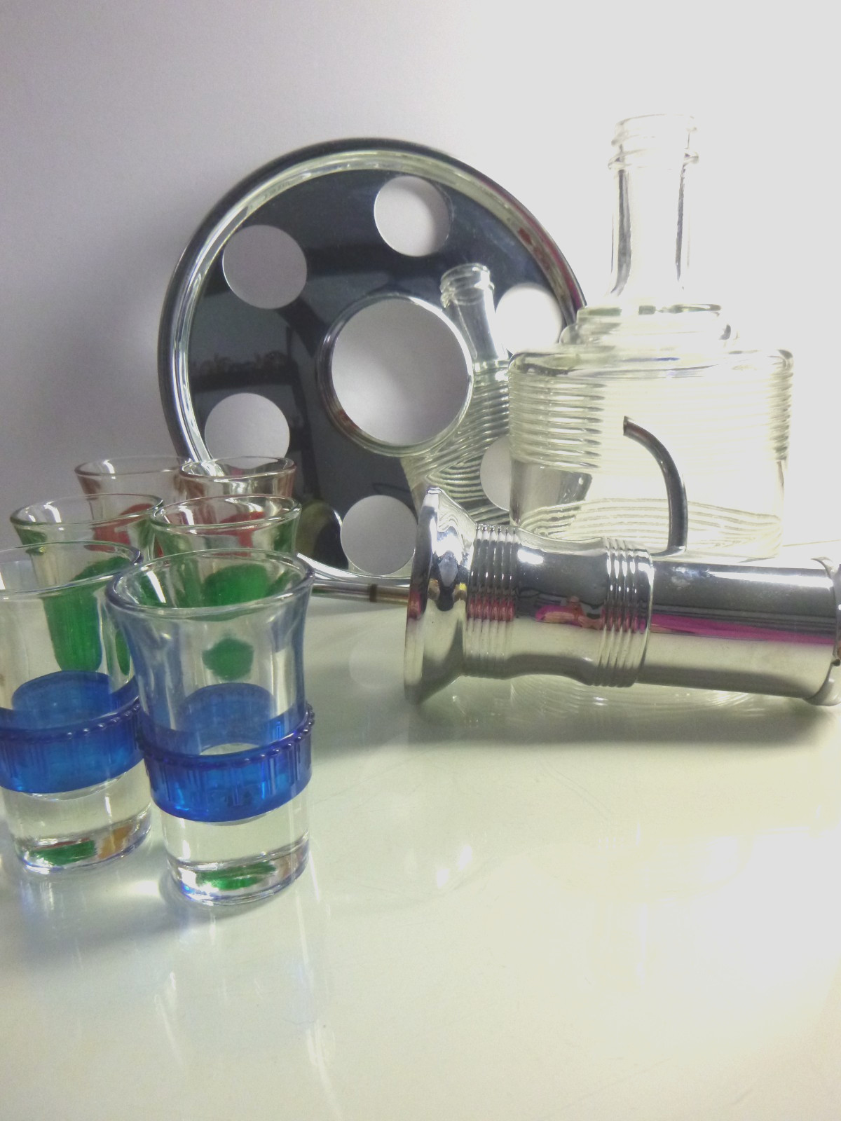 AS IS Vtg Park Sherman MCM Liquor Dispenser 6 Shot Glasses Rotating Chrome Tray