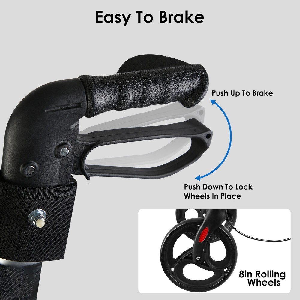 Aluminum Rollator Walker & Seat Backrest Rolling Walker Adjustable Black Walker