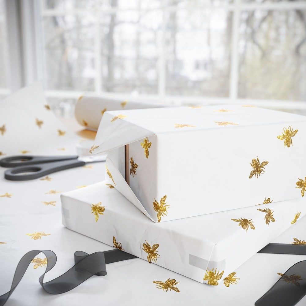 White With Gold Bee Pattern Wrapping Papers