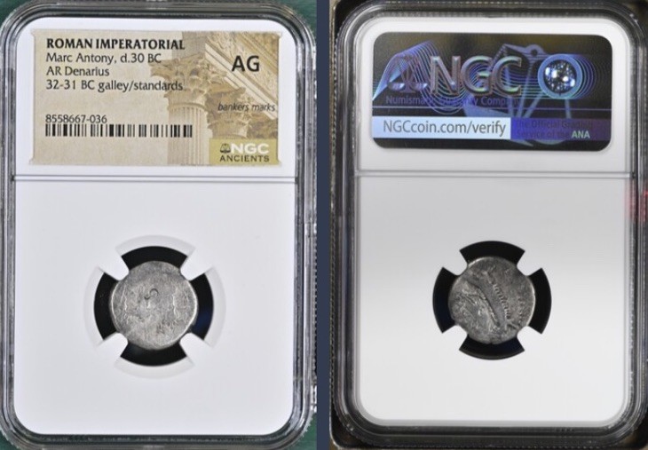 Marc Antony Silver Denarius 30BC Genuine Legionary Roman Imperatorial NGC Graded