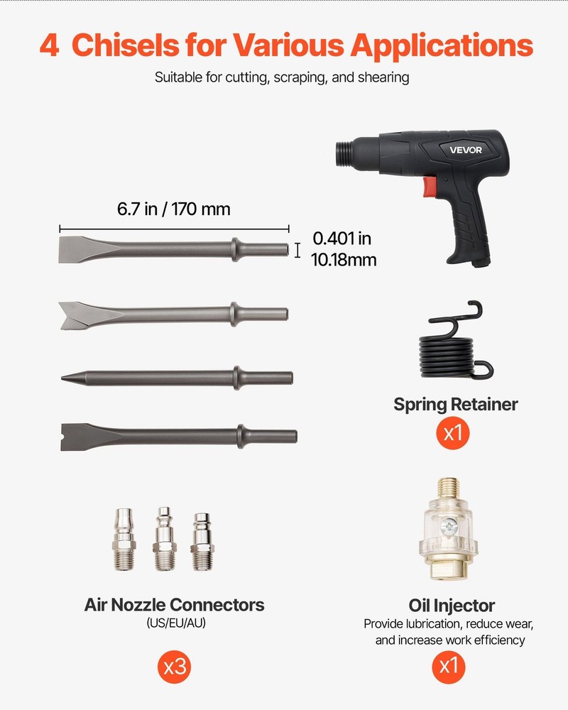 Air Hammer 2500BPM Pneumatic Chisel Tool 4 Long Barrel Chisels Scraping Cutting