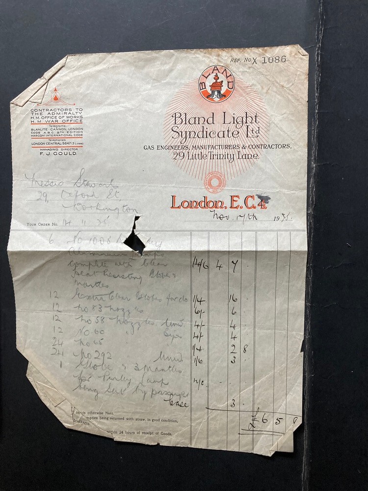 1925Bland Light Syndicate London bill invoice advice