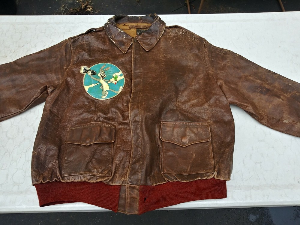 WWII Original A-2 Flight Jacket Very Rare Size 50 Bugs Bunny Patch