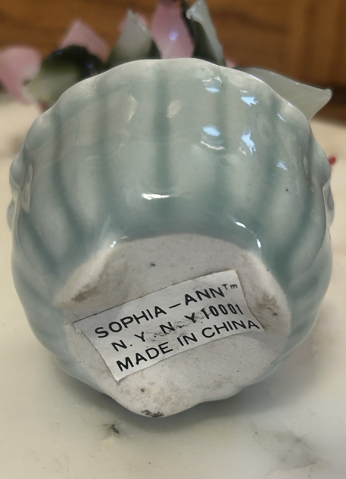 VTG Chinese Jade Glass Leaves Pink Cherry Flowers Bonsai Tree Green Celadon Pot