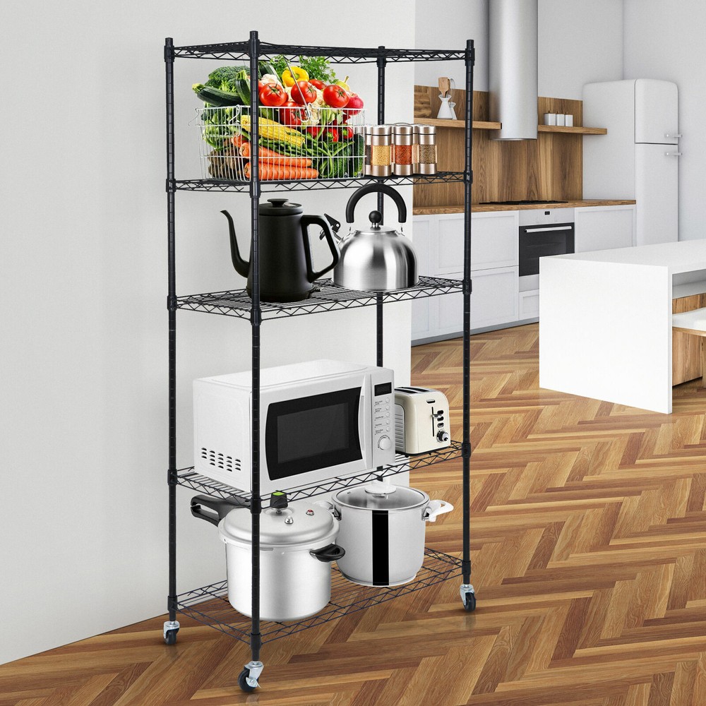 5-Tier Storage Wire Unit Rack with 4 Wheels Casters Large Space Shelves Rolling