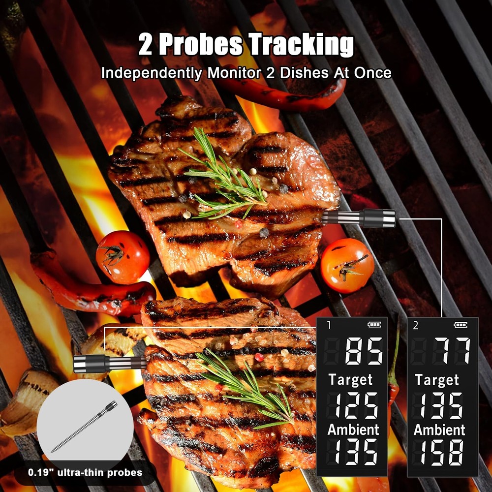 Smart Wireless Meat Thermometer with 2 Probes & 800Ft Bluetooth Range, Grill ...