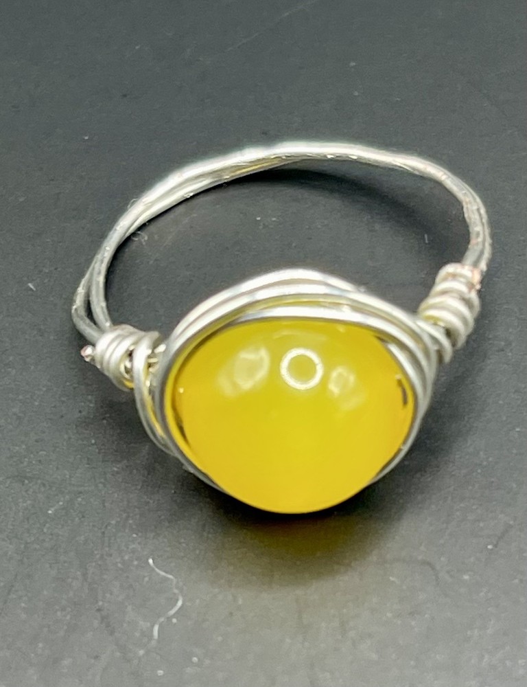 Wire Wrapped yellow stone Ring.  Size 8.  Silver Wire.