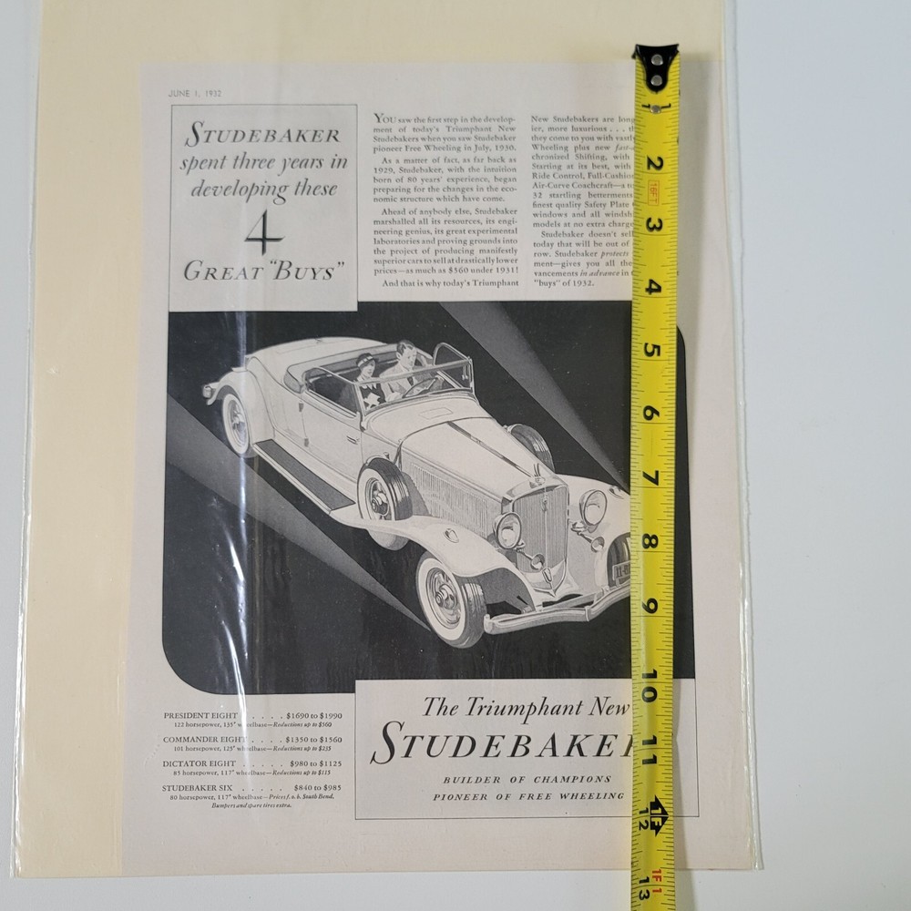 1932 Studebaker Triumphant New Studebakers AD Ephemera Advertisement