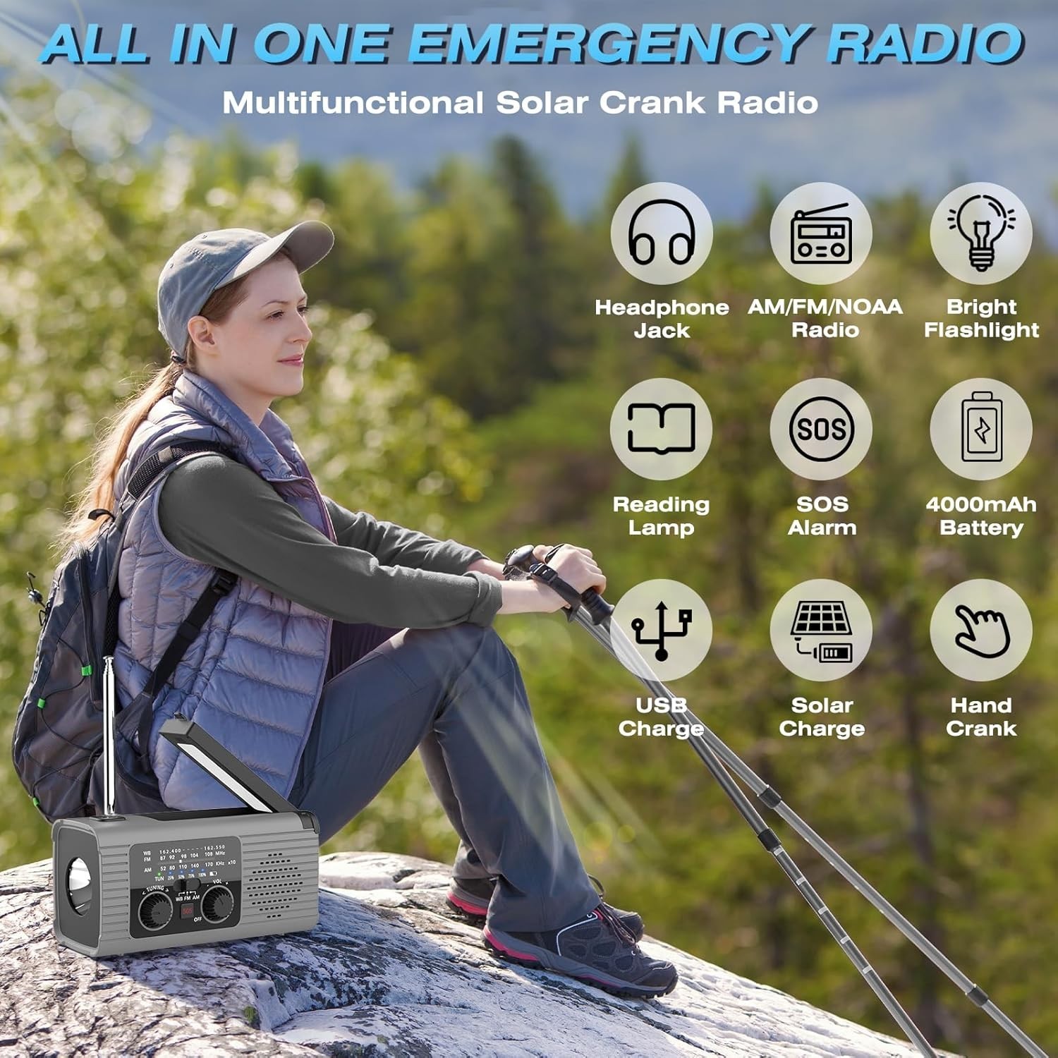 Emergency Radio 4000mAh Solar Hand Crank AM/FM/NOAA Portable Weather Radio with
