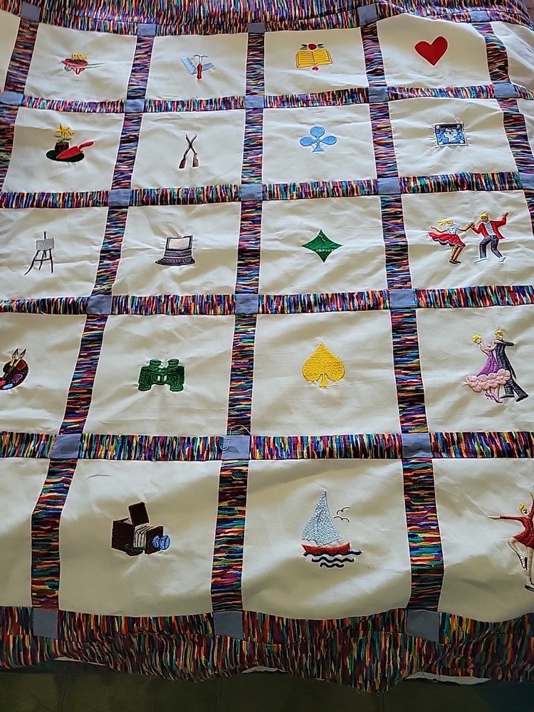Machine stitched Patchwork Quilt Top   Machine Embroidered Squares Sewing Themed
