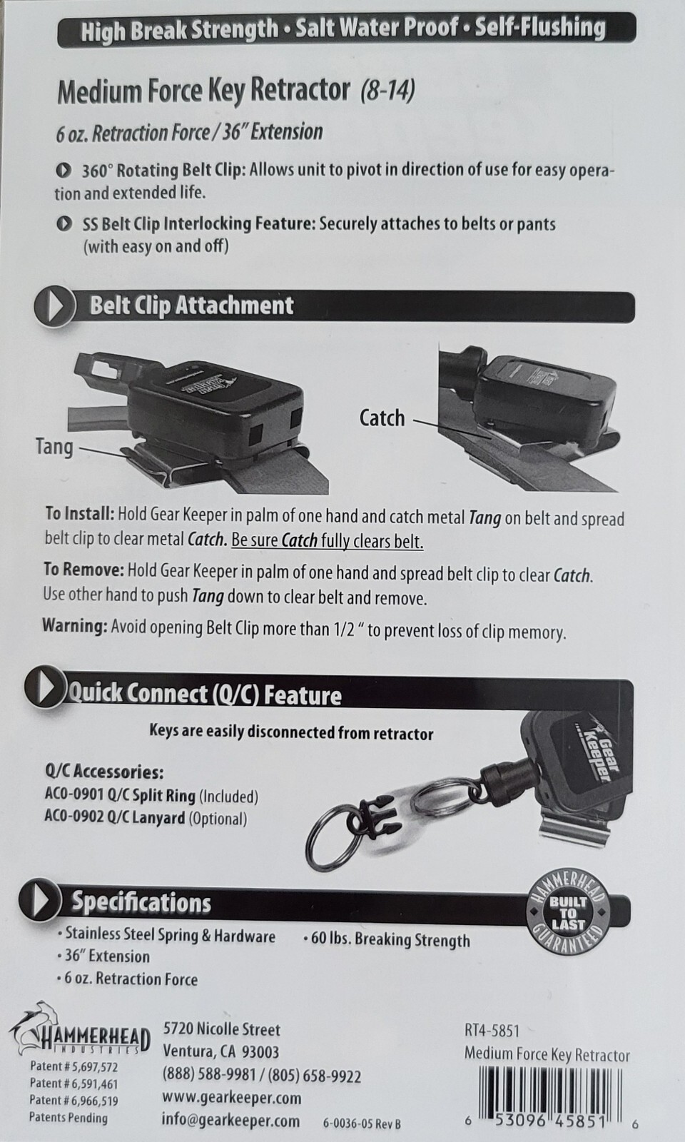 Gearkeeper Medium Force Key Retractor 8-14 Keys RT4-5851