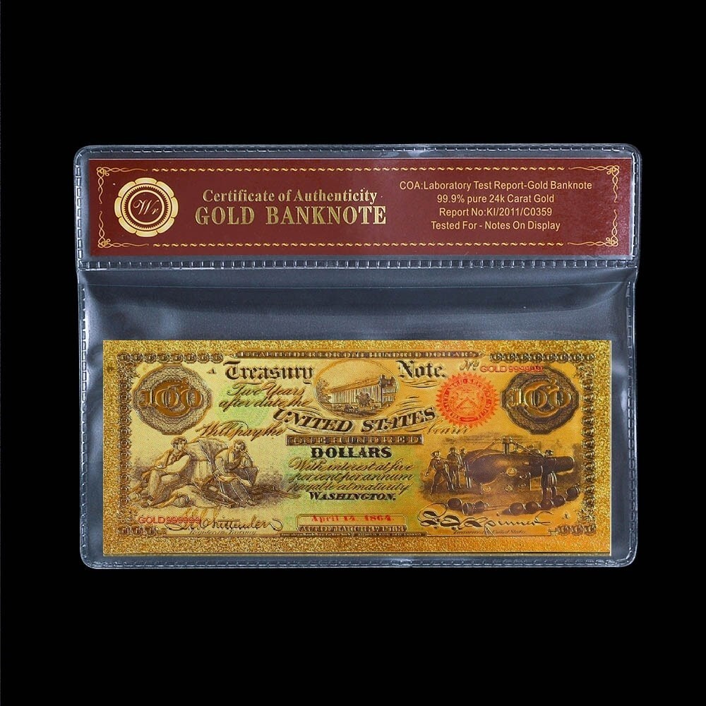1864 US $100 Gold Civil War Banknote With bag and certificate