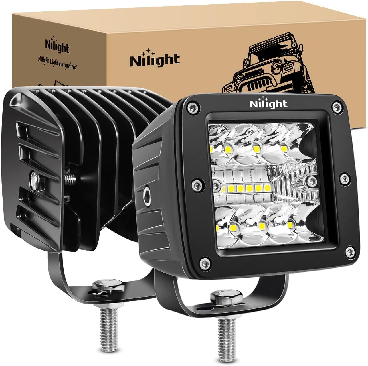 Nilight 2Pcs 3Inch 42W LED Cubes Upgraded Spot Flood Combo Square Driving Lights