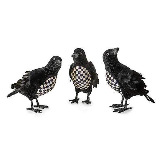 Brand New Mackenzie Childs Haunted House Black Velvet & Check Crows, Set of 3