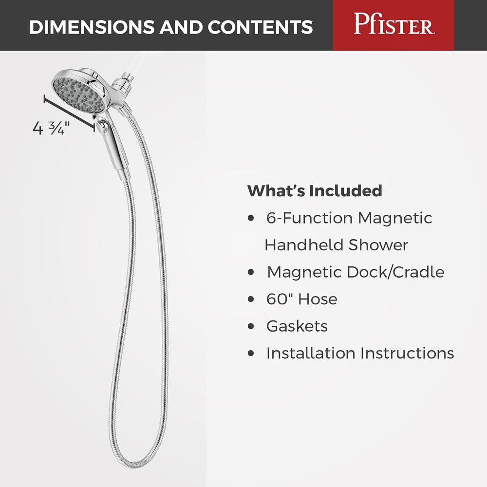 Hydrofuse Handheld Shower Head, Hose Included, Magnetic Docking, 6-Function, 1.7