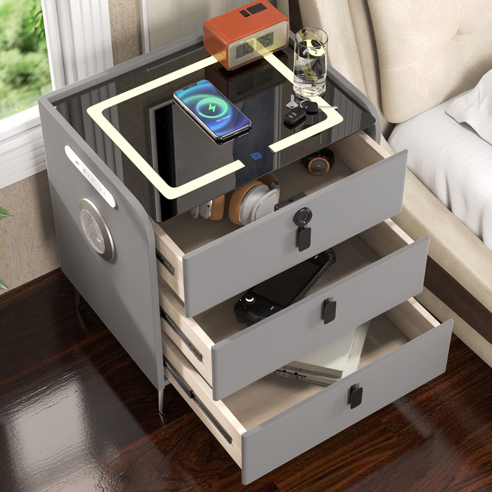 24" Modern Bedroom Smart Bedside Table Fingerprint Unlocking+Bluetooth+Led