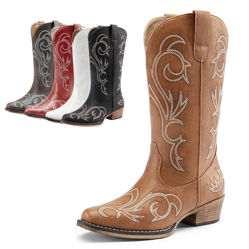 Women Low Heel Pull On Western Boots Square Toe Cowboy Cowgirl Mid Calf Boots