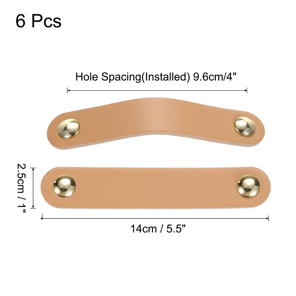 6 Packs Leather Drawer Pulls Double Hole Knobs, Beige/Gold(Hole Spacing:96mm)
