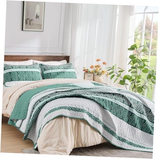 Green Striped Quilt Set Size Boho Patchwork Striped Queen Green White