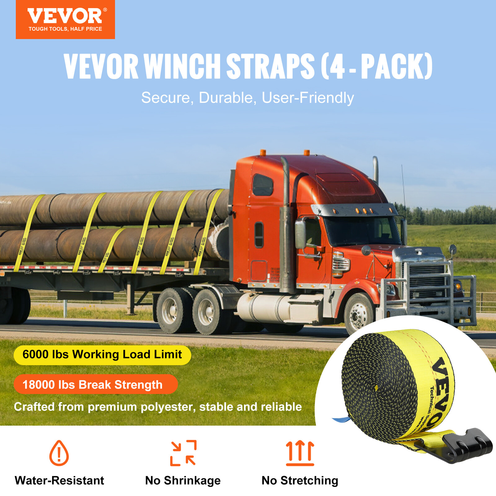 VEVOR Truck Straps Winch Strap 4" x 30' with Flat Hook for Towing 4 Pack Yellow