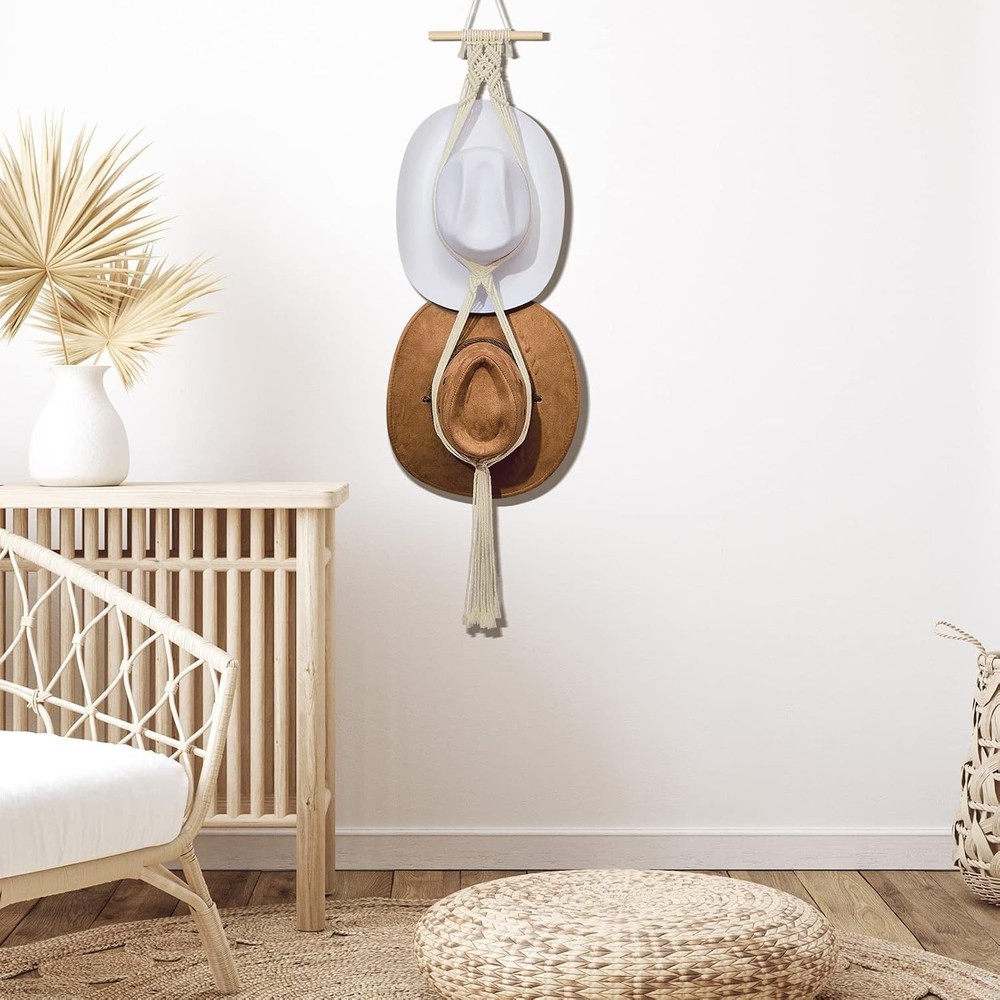 Sturdy White Macrame Hat Hanger – Modern Boho Design for Effortless Hat Storage