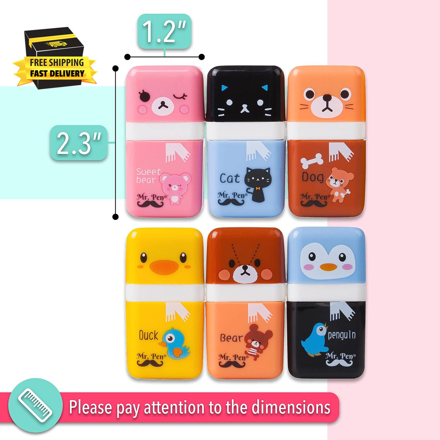 - Eraser with Cover and Roller, 6 Pack, Animal Theme, Cute Erasers for Kids ⭐️⭐️