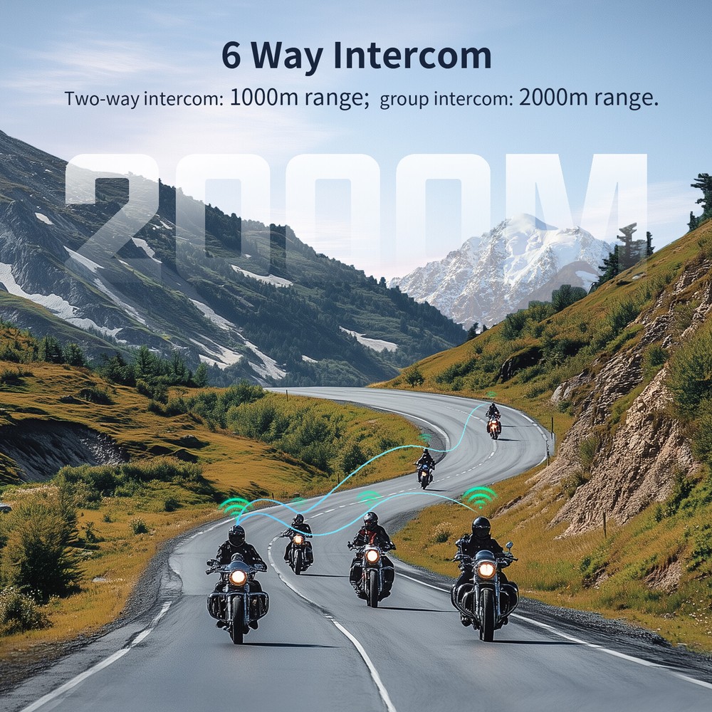 T1 Pro Motorcycle Intercom 6 Riders Group 2000m Bluetooth Helmet Headset+Sticker
