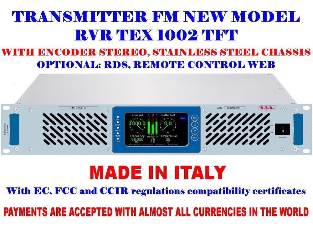 Broadcast RVR TEX1002 TFT 1000w FM Transmitter Stereo - 88 108 Mhz Ready To Ship