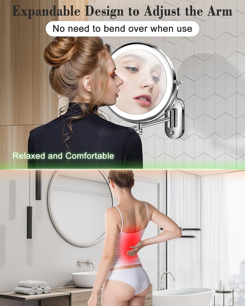 9'' 30X/1X Wall Mounted Lighted Makeup Mirror, Height Adjustable Double Sided...