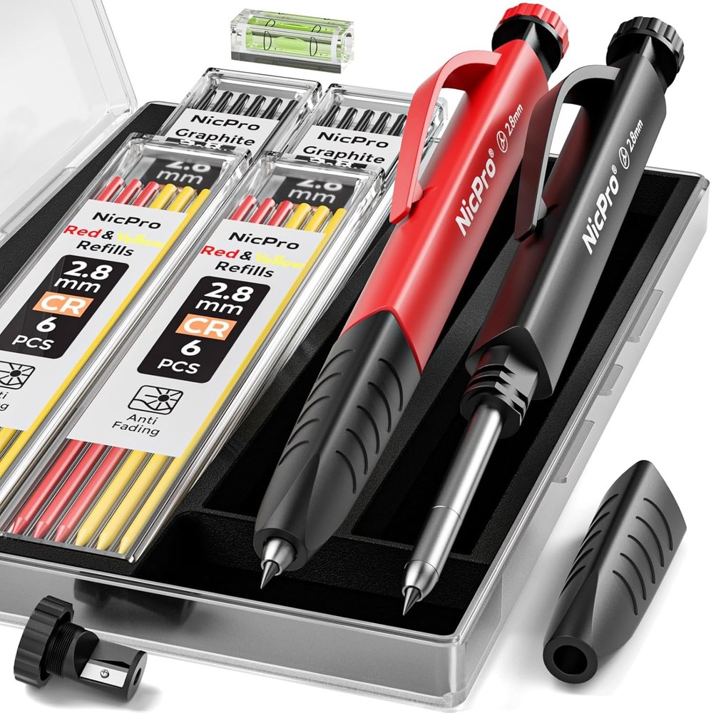 Nicpro 2 Pack Carpenter Pencil Set with Sharpener & Finger 2 PACK, Black, Red