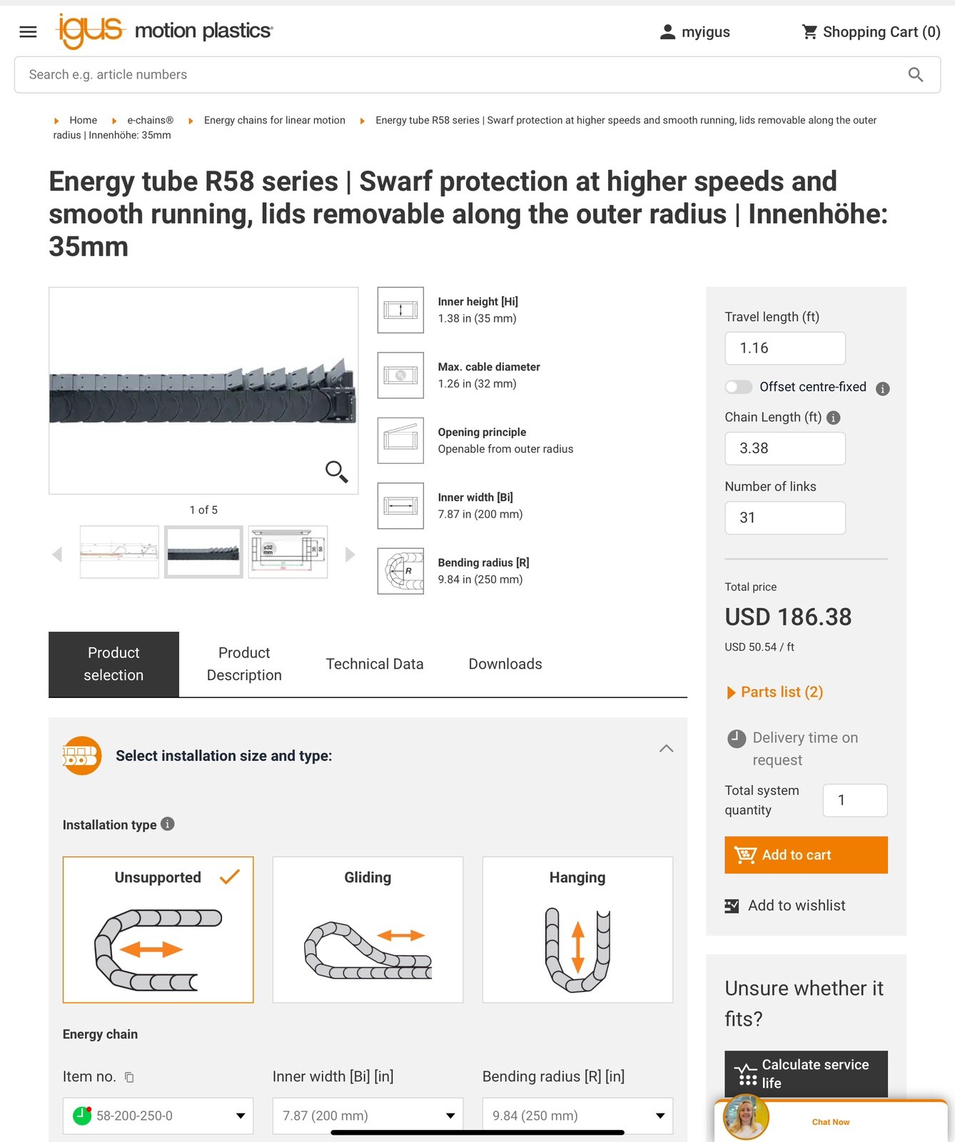 NEW IGUS R58 Series E-Chain Cable Carrier; 58-200-250-0, 200mm x 35mm