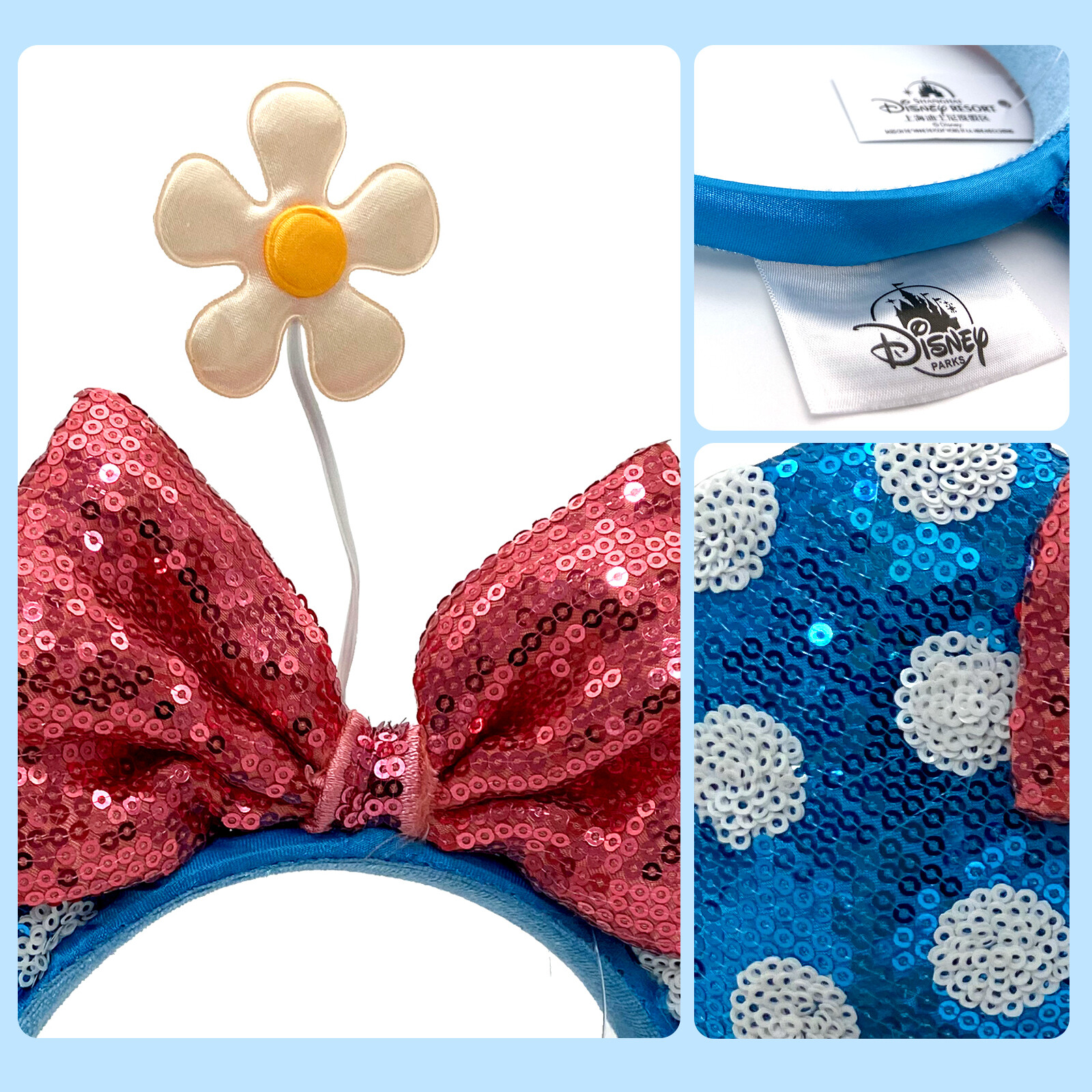 Disney Parks Minnie Ears Headband Blue Polka Dot Sequin Bow
