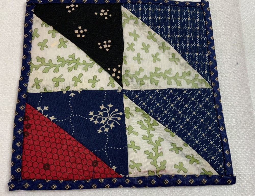 Antique Vintage Patchwork Small Doll Quilt Or Table Topper, 4 Patch W/ Triangles