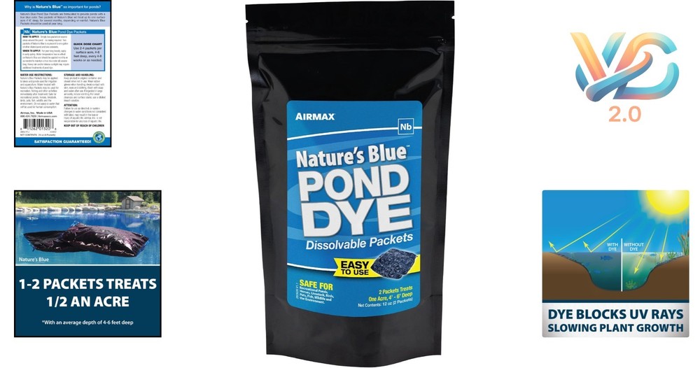 Nature's Blue Pond Dye Packets for Large Pond, 2 Pack, Fish Safe, UV Blocking