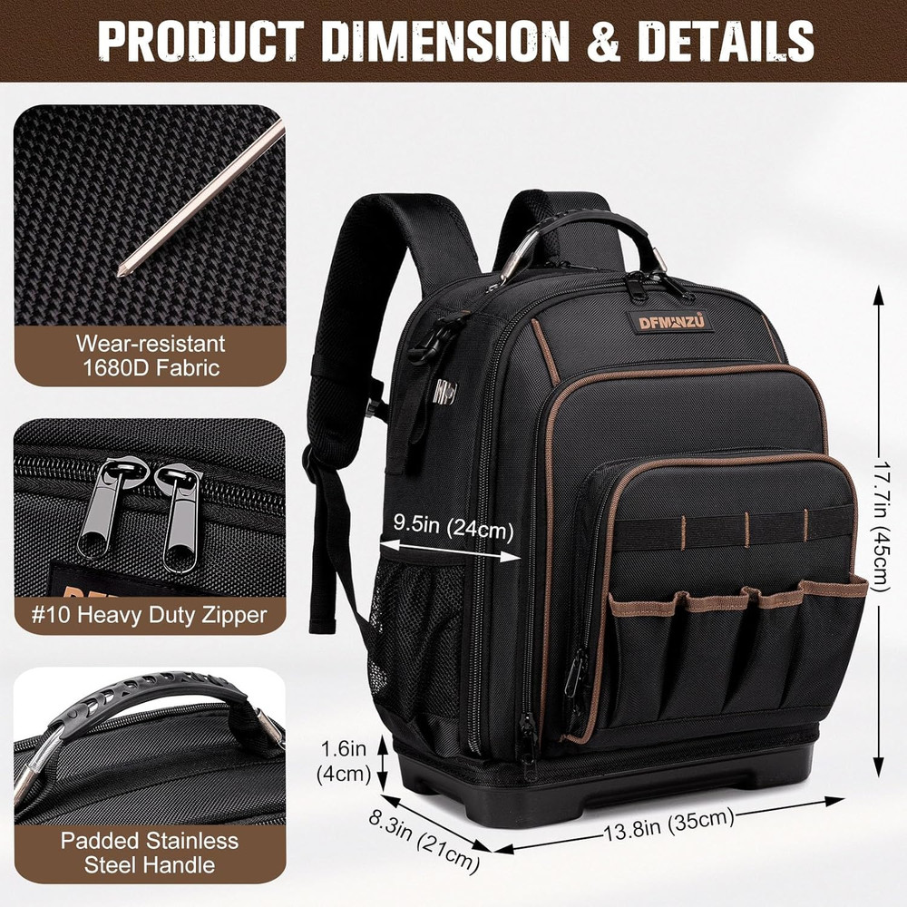 Durable Tool Backpack with Laptop Compartment & Molded Base, 1680D Oxford