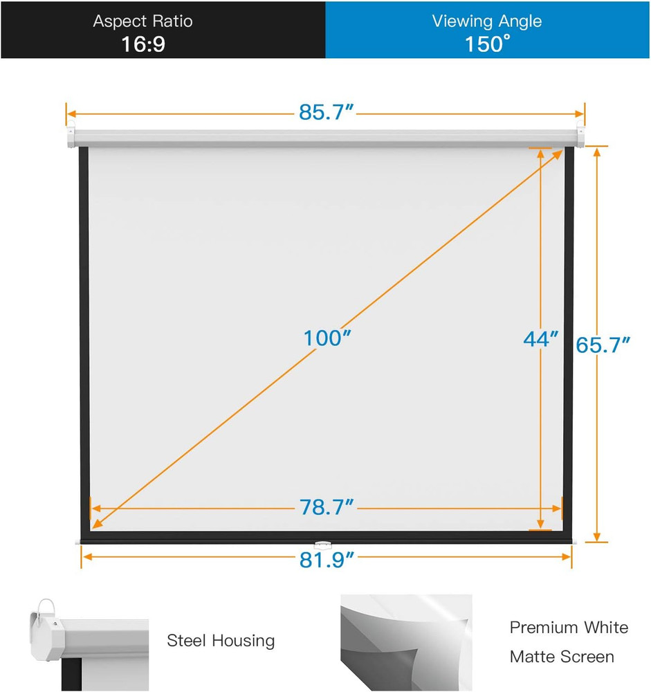 PERLESMITH 100 Inch Projector Screen Pull Down, 16:9 HD Retractable Rising Proje