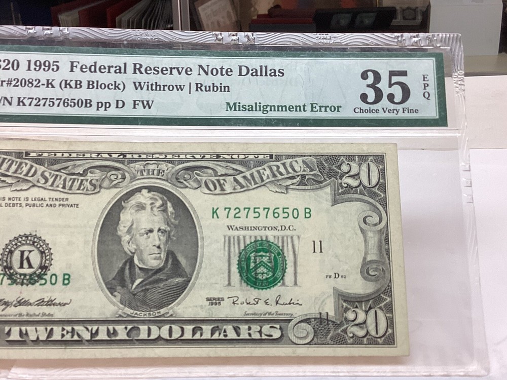 $20 1995 PMG 35 EPQ Misalignment Error District Overprint Fr#2082-K