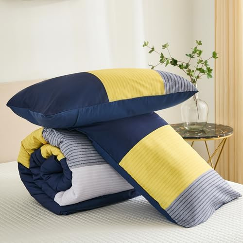 Comforter Set Queen, Reversible Blue Striped Patchwork Down Alternative