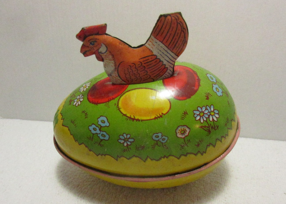 CHEIN TIN NESTING HEN ON EASTER EGG CONTAINER /MADE INTO BANK - DOESN'T OPEN