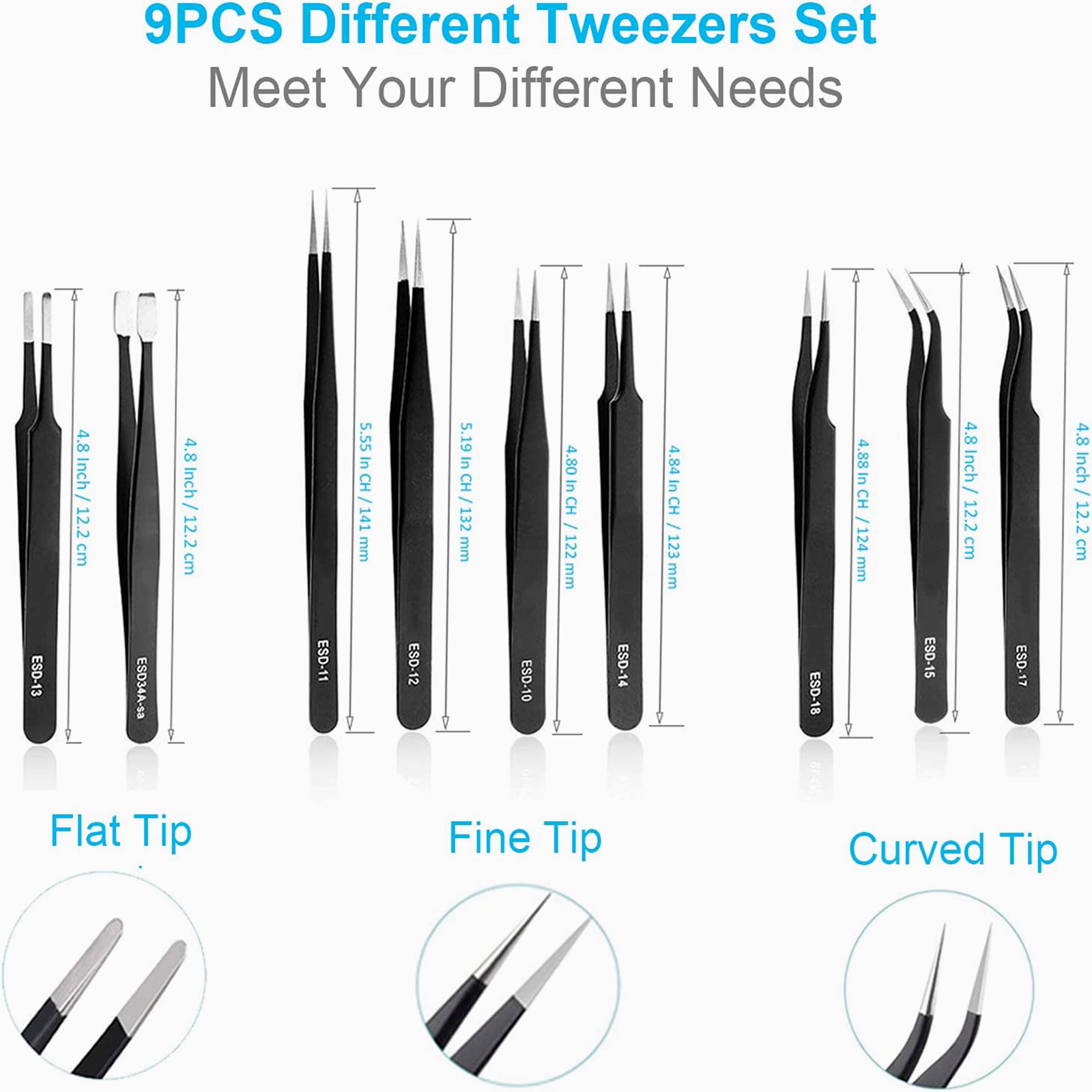 10Pcs ESD Precision Tweezers Set Stainless Steel Tool for Electronics Repair