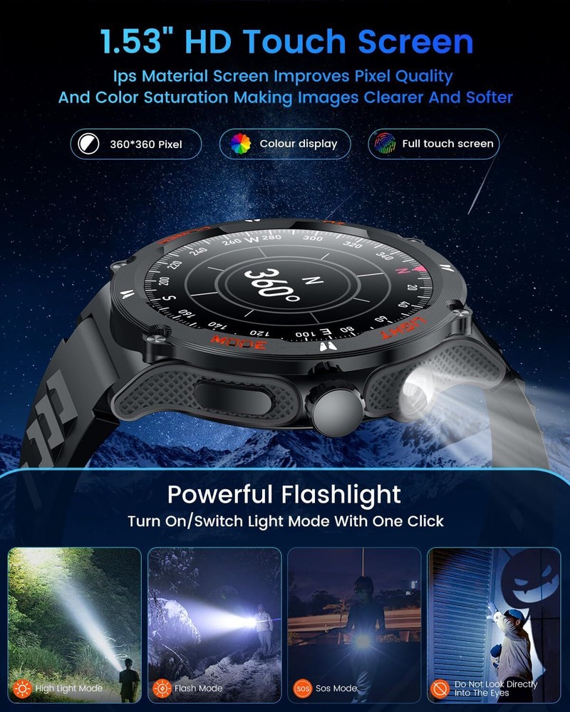 Smartwatch Men 1.53" Round Touchscreen Waterproof Compatible with Android & iOS